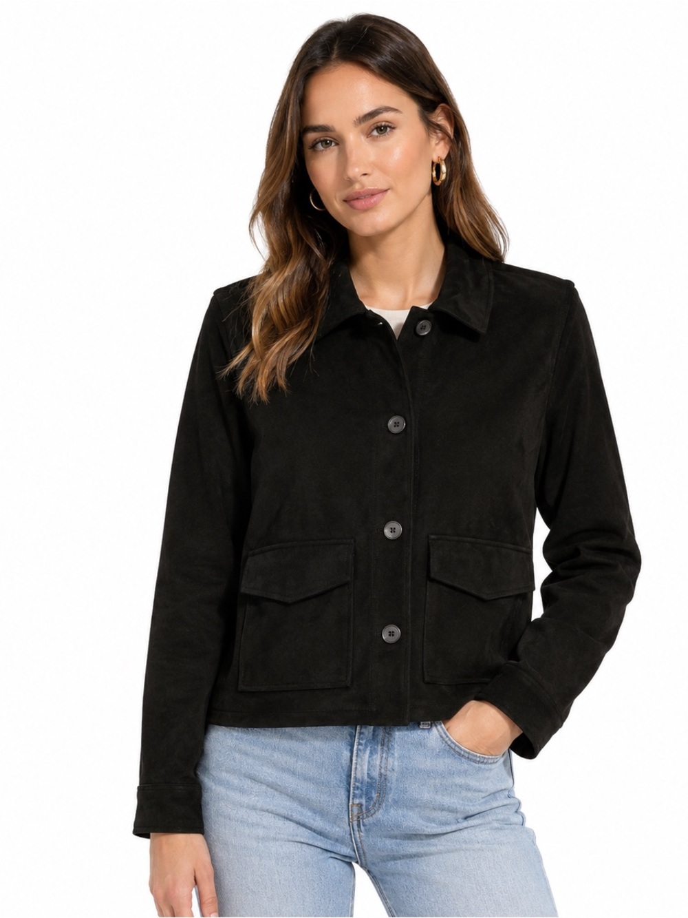 Zara Black Faux Suede Utility Jacket Overshirt Button Front Large